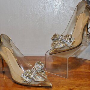$150 Jimg MEI Clear Crystal Bow Clear & Gold Cinderella Heels Shoes